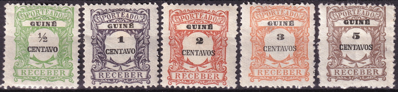 1915 Portuguese Guinea Scott J1 J2 J3 J4 J5 Postage Due Set MNH: A complete and attractive five-value postage due set from Portuguese Guinea, issued circa 1915 and catalogued as Scott J1–J5. The set comprises the ½ centavo green, 1 centavo violet, 2 centav