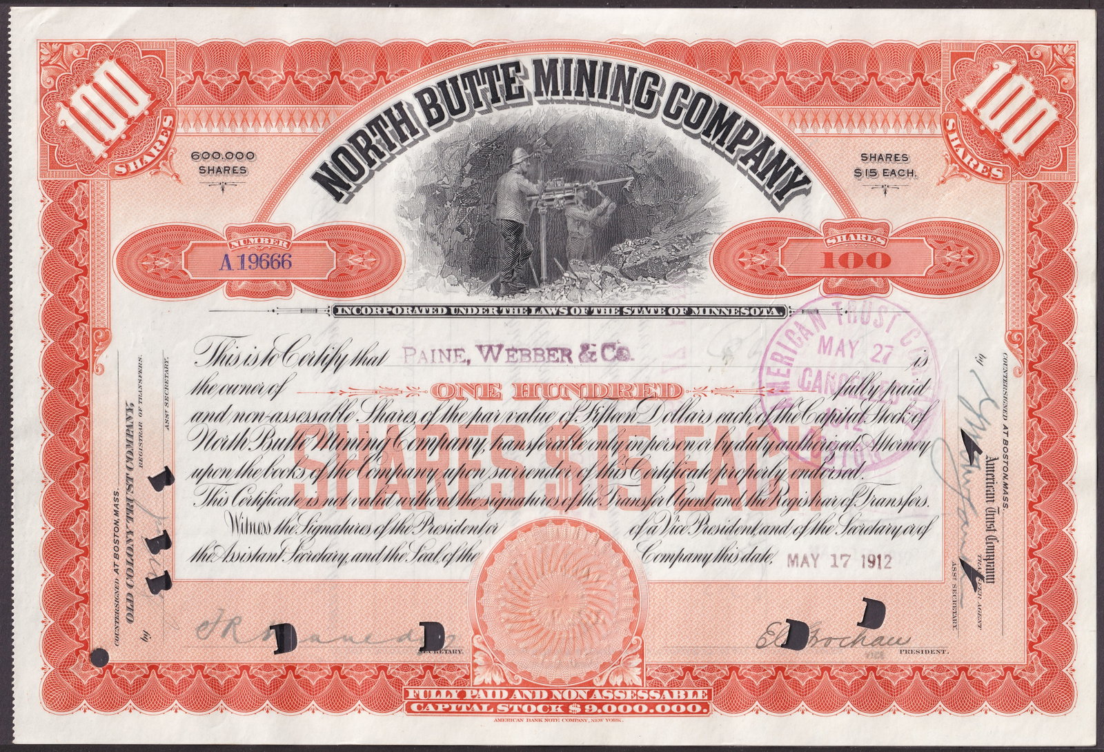 1912 North Butte Mining Company 100 Shares Stock Certificate VF (1 of 2)