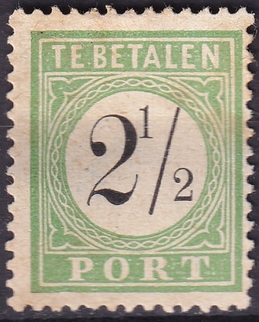 1889 Curacao Scott J1 Postage Due 2 1/2 c Green Numeral Issue: A classic early postage due issue from Curaçao and the Netherlands Antilles, corresponding to Scott J1 and issued in 1889. This 2½ cent value belongs to the first series of “Te Betalen&rdquo