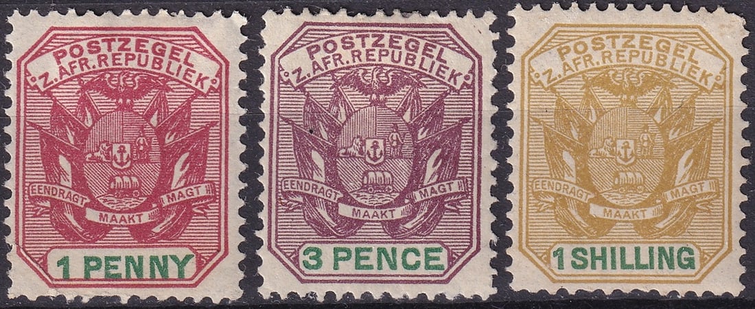 1896 Transvaal South African Coat of Arms Set 1d 3d 1Sh SG217 220 223: A komplet and historically important trio of classic issues from the South African Republic Transvaal, dating from 1896 to 1897 and comprising denominations 1 penny 3 pence and 1 shilling, catalogued 