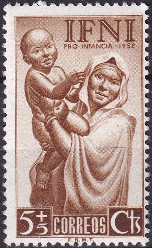1952 Ifni Pro Infancia 5+5c Scott ES-IF B7 MNH Spanish Colony: A finely engraved semi-postal issue from the Spanish colonial territory of Ifni, released in 1952 as part of the Pro Infancia series, aimed at supporting child welfare initiatives. Catalogued as Scott
