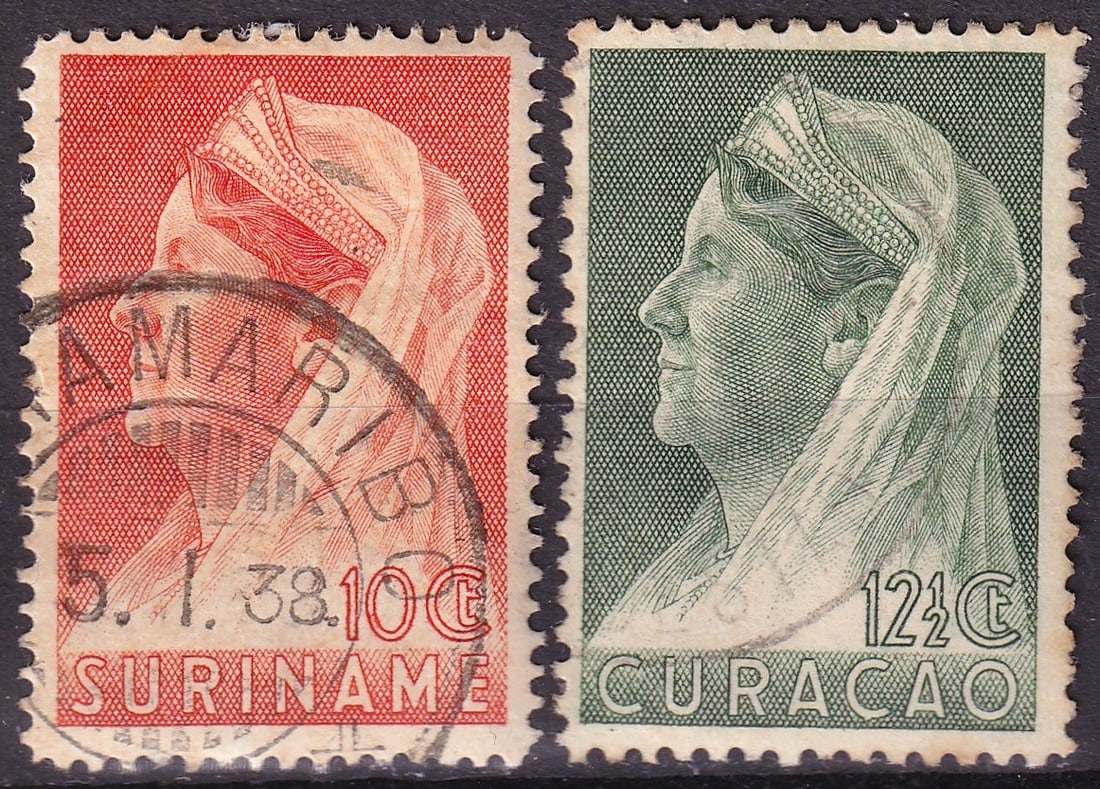 1936 Suriname 10c 12½c Scott 152 153 Queen Wilhelmina Pair: A classic colonial pair from Suriname issued in 1936, catalogued as Scott 152 and 153, featuring Queen Wilhelmina in the elegant “with veil” portrait design by Fokko Mees. These definitive iss