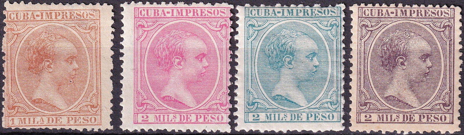 1890 1896 Spanish colonial Cuba Alfonso XIII Scott P8 P15 P21 P27 Group: A scarce and attractive group of four Spanish colonial Cuba newspaper stamps from the Alfonso XIII issues of 1890 to 1896, representing the classic Impresos series used during the final period of Span