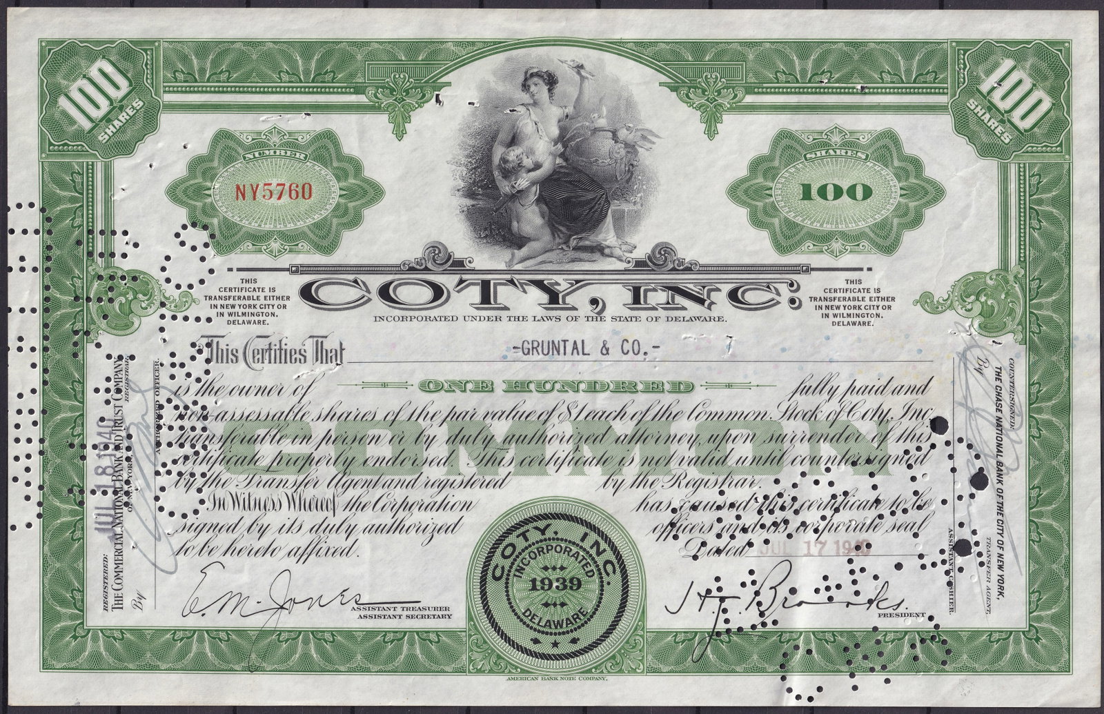 1939 Coty Inc Delaware 100 Shares Stock Certificate VF: Historic stock certificate issued by Coty Inc., incorporated under the laws of the State of Delaware and dated 1939. This attractive certificate represents 100 shares of common stock and originates fr