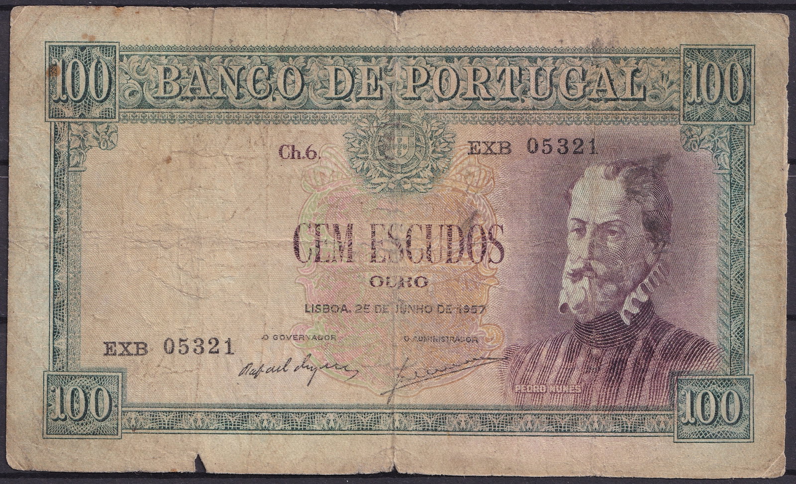 1927 Portugal 100 Escudos Ch.6 EXB05321 Banco de Portugal Banknote: Issued by Banco de Portugal on 26 June 1927, this historic 100 Escudos Ouro banknote bears serial number EXB05321 and belongs to the renowned Chapa 6 (Ch.6) series. The note features a finely engraved