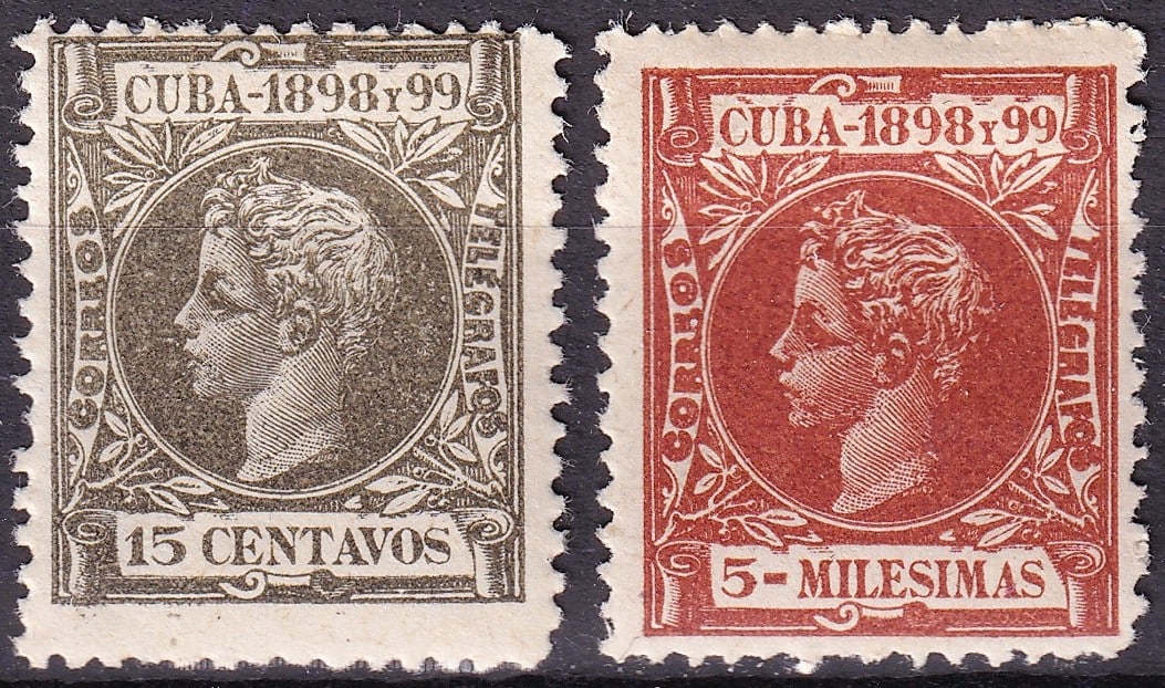 1898 Cuba Scott 169 160 Alfonso XIII Dual Mint Set: A matched pair of classic Cuban colonial issues from 1898 featuring King Alfonso XIII, catalogued as Scott 169 (15 centavos) and Scott 160 (5 milésimas), issued during the final phase of Spanish admi