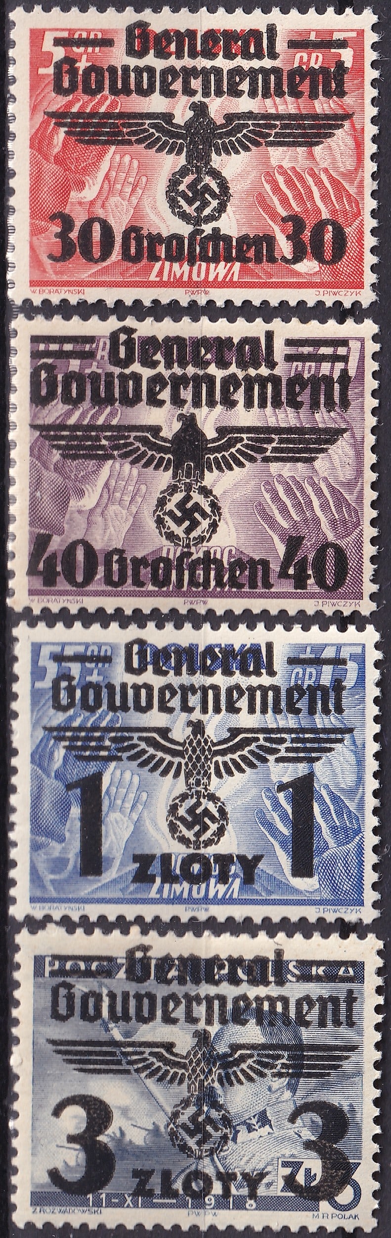 German occupation Poland 1940 Generalgouvernement Winter Aid Overprint Set 30gr–3zl Scott: This mint group from the 1940 Generalgouvernement overprint issue consists of four stamps originally produced for the Polish Winterhilfswerk charity series and subsequently overprinted with the bold b