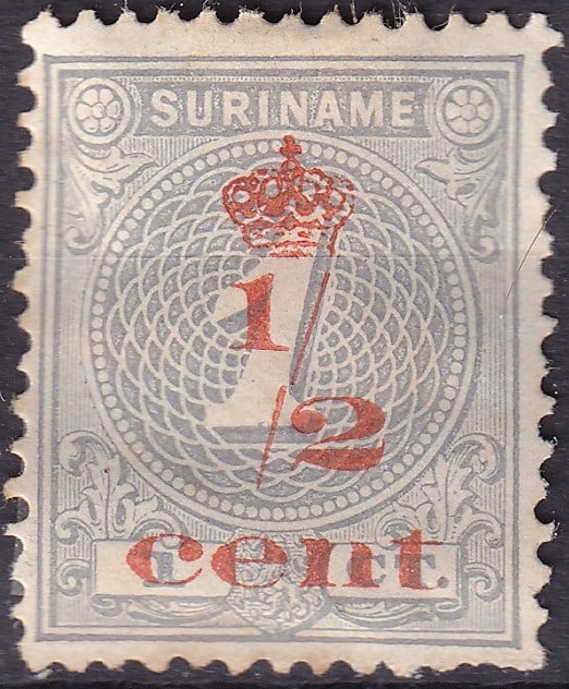 1911 Dutch colonial Suriname half cent Numeral Issue Scott 63 Low Print: A scarce and historically significant example from the Dutch colonial issues of Suriname, this 1911 ½ cent definitive belongs to the classic “Digits in a Circle” series, catalogued as S