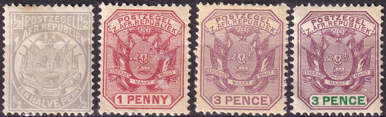 1885 Transvaal Arms Set ½d 1d 3d Scott ZA-TV 175b 154 170 MNH: An attractive and historically rich group of Transvaal coat of arms issues spanning the late 19th century, representing the South African Republic during a period of political tension and colonial tra