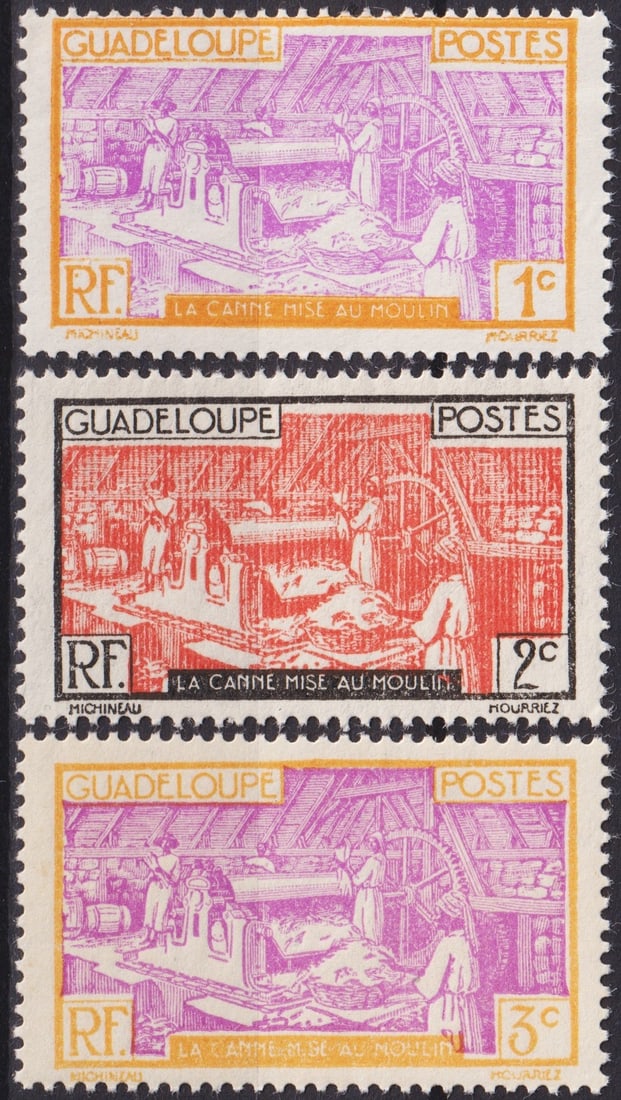 French Guadeloupe 1928–1940 Sugar Cane Industry Set, Scott 96–98: This fine selection from Guadeloupe’s colonial issues comprises three typographed stamps depicting the traditional sugar cane milling process, an essential motif reflecting the island’s economic a