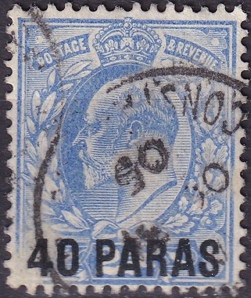 1902 British Post Office in Turkey 40 Para on 2½d Edward VII (Scott 8): This 1902 issue for the British Post Office in Turkey represents one of the earliest surcharged stamps of the Edward VII period created specifically for use within the Ottoman Empire’s foreign posta