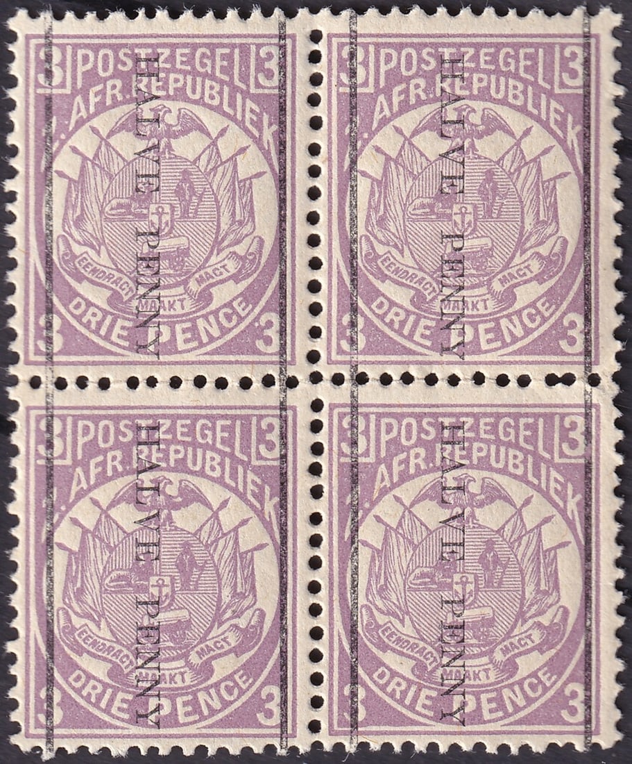 Transvaal 1885 Coat of Arms Half Penny Surcharge Scott 140 Block of Four Mint: This 1885 Transvaal Coat of Arms provisional half penny surcharge on the original three pence lilac issue represents one of the earliest and most historically significant surcharged values produced du