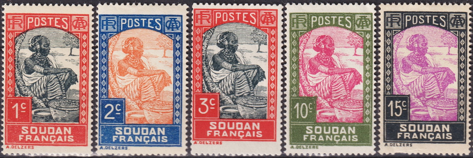 1931 French Sudan Native Woman Definitives Set, Scott #61-67: A scarce and visually compelling set of five definitive stamps issued for French Sudan between 1931 and 1940, featuring the iconic "Native Woman with Basket" design by Antonin Delzers, one of the fore