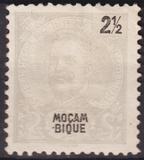 Portuguese Mozambique 1898 King Carlos I 2½ Reis Gray Scott #49: Issued in 1898 during the reign of King Carlos I of Portugal, this 2½ Reis stamp from Mozambique presents a finely executed typographic portrait in pale gray, designed by Louis-Eugène Mouchon 