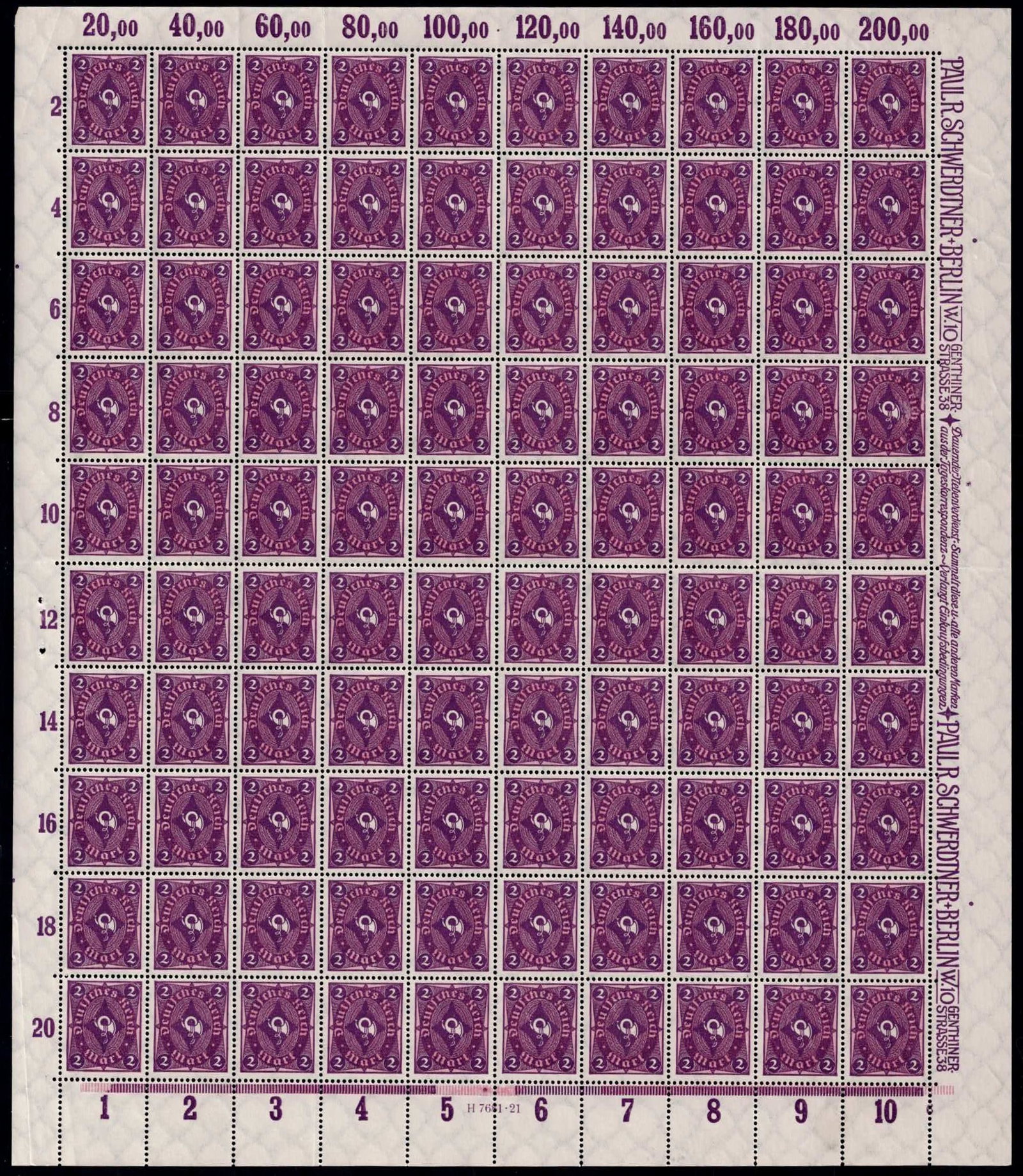 Post War Germany 1922 Posthorn Definitive Full Sheet MNH Scott 177: Issued in 1922 by Germany during the postwar inflationary period, this full sheet of the 2 Reichsmark Posthorn definitive represents an important high denomination from the Numerals Workers and Postho