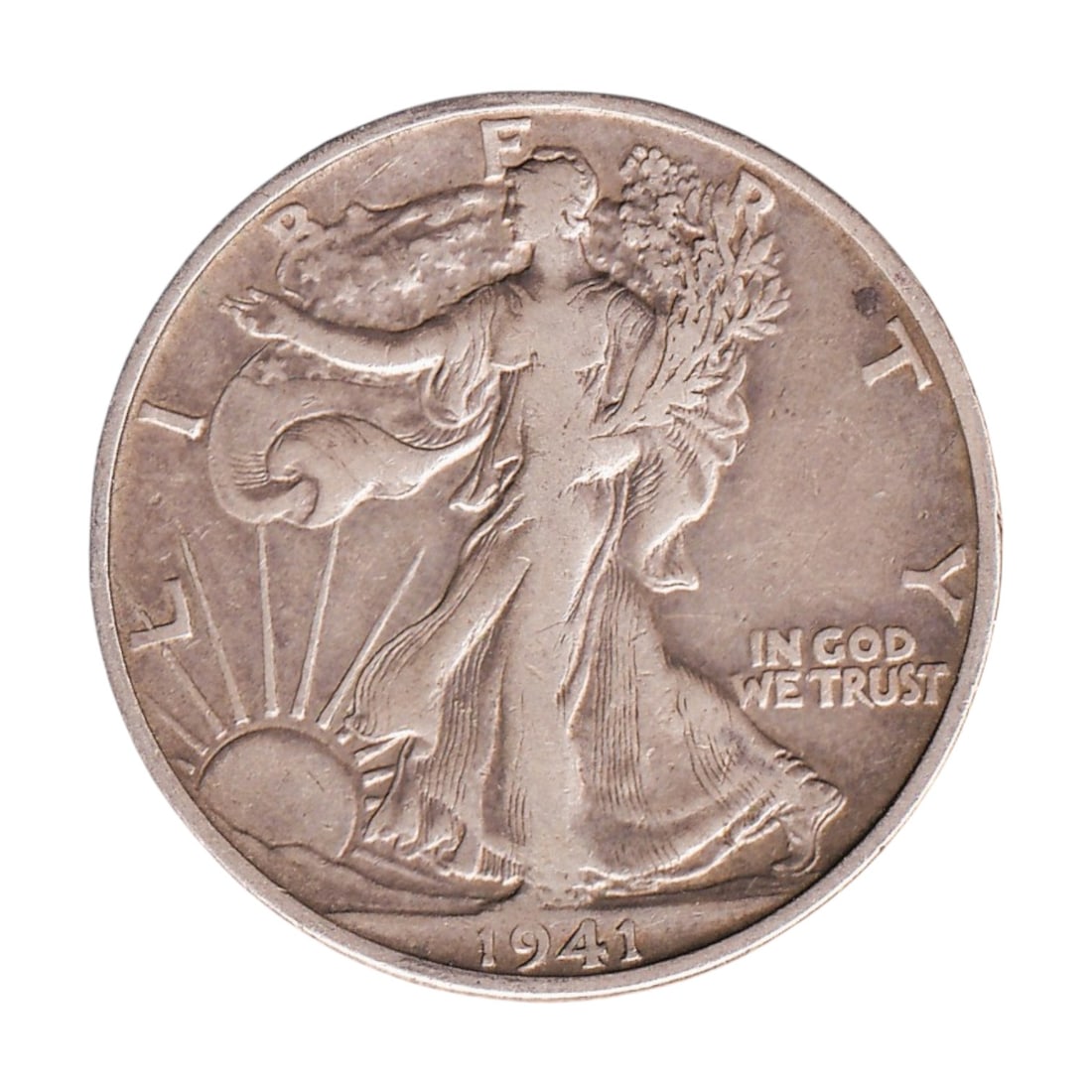 1941-S USA Walking Liberty Half Dollar KM 142 Silver Coin: Issued in 1941, this original United States Walking Liberty Half Dollar 50 Cents was struck at the San Francisco Mint, identified by the S mintmark, and is catalogued as KM 142 and Colnect US-000075. 