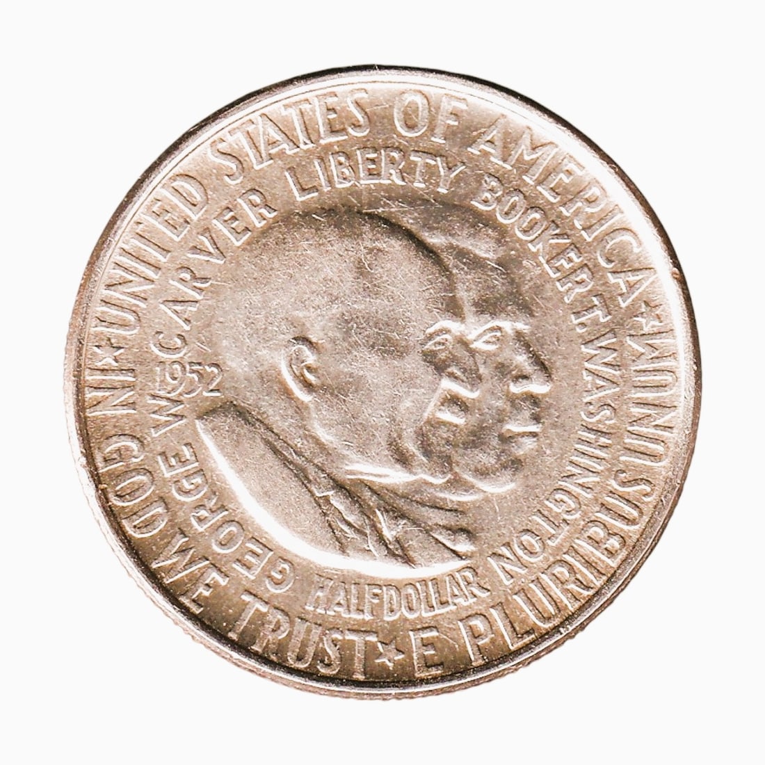 1952 USA Booker T. Washington and George W. Carver Half Dollar KM 200 Silver Coin: Issued in 1952, this original United States Washington–Carver commemorative Half Dollar 50 Cents was struck at the Philadelphia Mint and is catalogued as KM 200 and Colnect US-000458. The coin was p