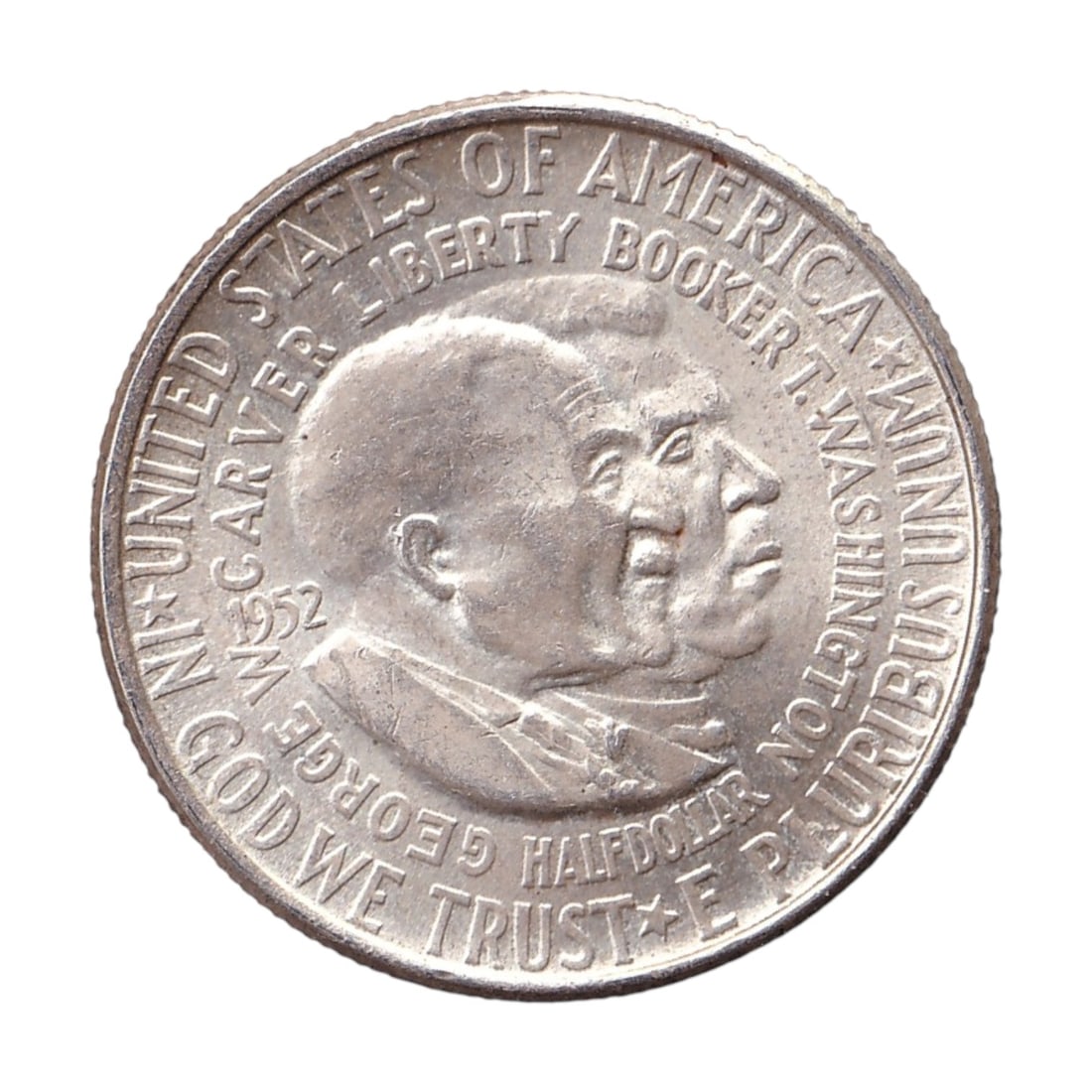 1952 USA Booker T. Washington and George W. Carver Half Dollar KM 200 Silver Coin: Issued in 1952, this original United States Washington–Carver commemorative Half Dollar 50 Cents was struck at the Philadelphia Mint and is catalogued as KM 200 and Colnect US-000458. The coin was p