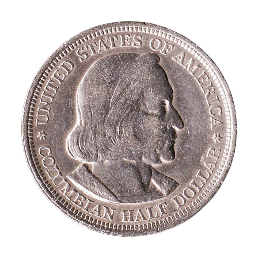 1893 USA Columbian Exposition Half Dollar KM 117 Silver Coin: Issued in 1893, this original United States Columbian Exposition commemorative Half Dollar 50 Cents was struck at the Philadelphia Mint and is catalogued as KM 117 and Colnect US-000398. Struck in 90%