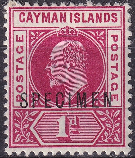 1905 Cayman Islands 1d King Edward VII SPECIMEN Scott 9 SG 9: Issued on 18 October 1905, this original Cayman Islands 1 Penny King Edward VII definitive stamp is catalogued as Scott 9, Michel KY 9, Yvert et Tellier 9, and Stanley Gibbons 9, and is distinguished 