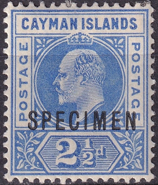 1905 Cayman Islands 2½d King Edward VII SPECIMEN Scott 10 SG 10: Issued in 1905, this original Cayman Islands 2½ Pence King Edward VII definitive stamp is catalogued as Scott 10, Michel KY 10, Yvert et Tellier 10, and Stanley Gibbons 10, and is distinguished