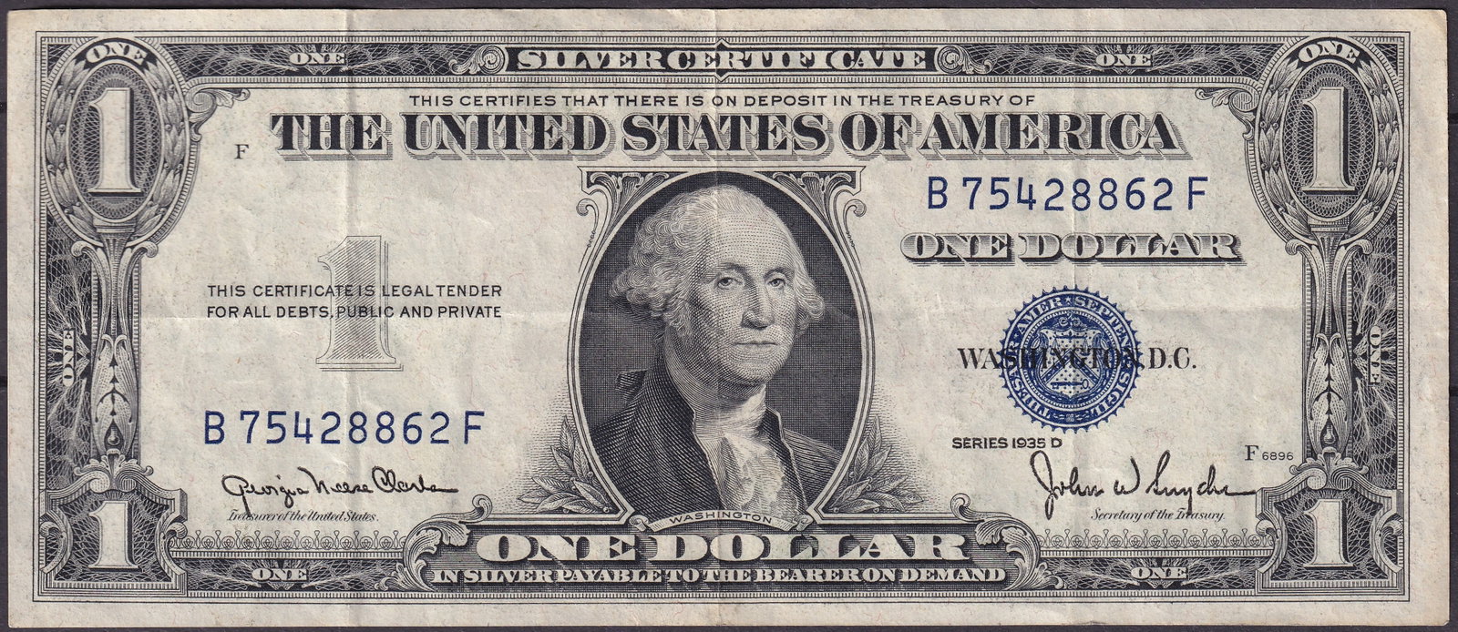 1935-D USA $1 Silver Certificate Fr 1613N Serial B75428862F (1 of 2)