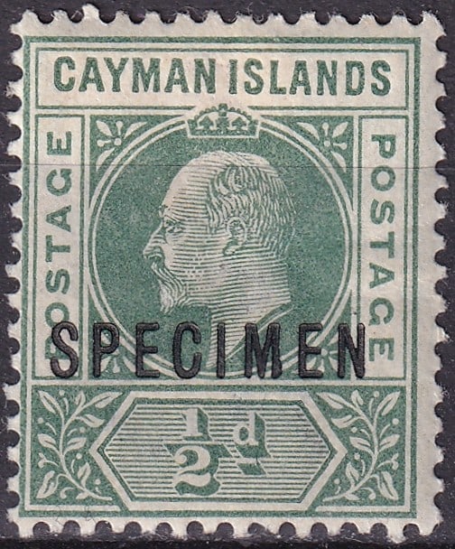 1902 Cayman Islands ½d King Edward VII SPECIMEN Scott 3 SG 3 Mint: Issued on 15 September 1902, this original Cayman Islands ½ Penny King Edward VII definitive stamp is catalogued as Scott 3, Michel KY 3, Yvert et Tellier 3, and Stanley Gibbons 3, and is disti