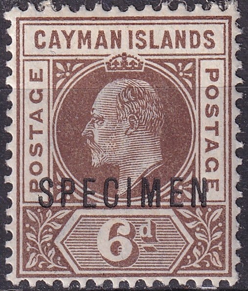 1905 Cayman Islands 6d King Edward VII SPECIMEN Scott 11 SG 11 Mint: Issued in 1905, this original Cayman Islands 6 Pence King Edward VII definitive stamp is catalogued as Scott 11, Michel KY 11, Yvert et Tellier 12, and Stanley Gibbons 11, and is distinguished by the 