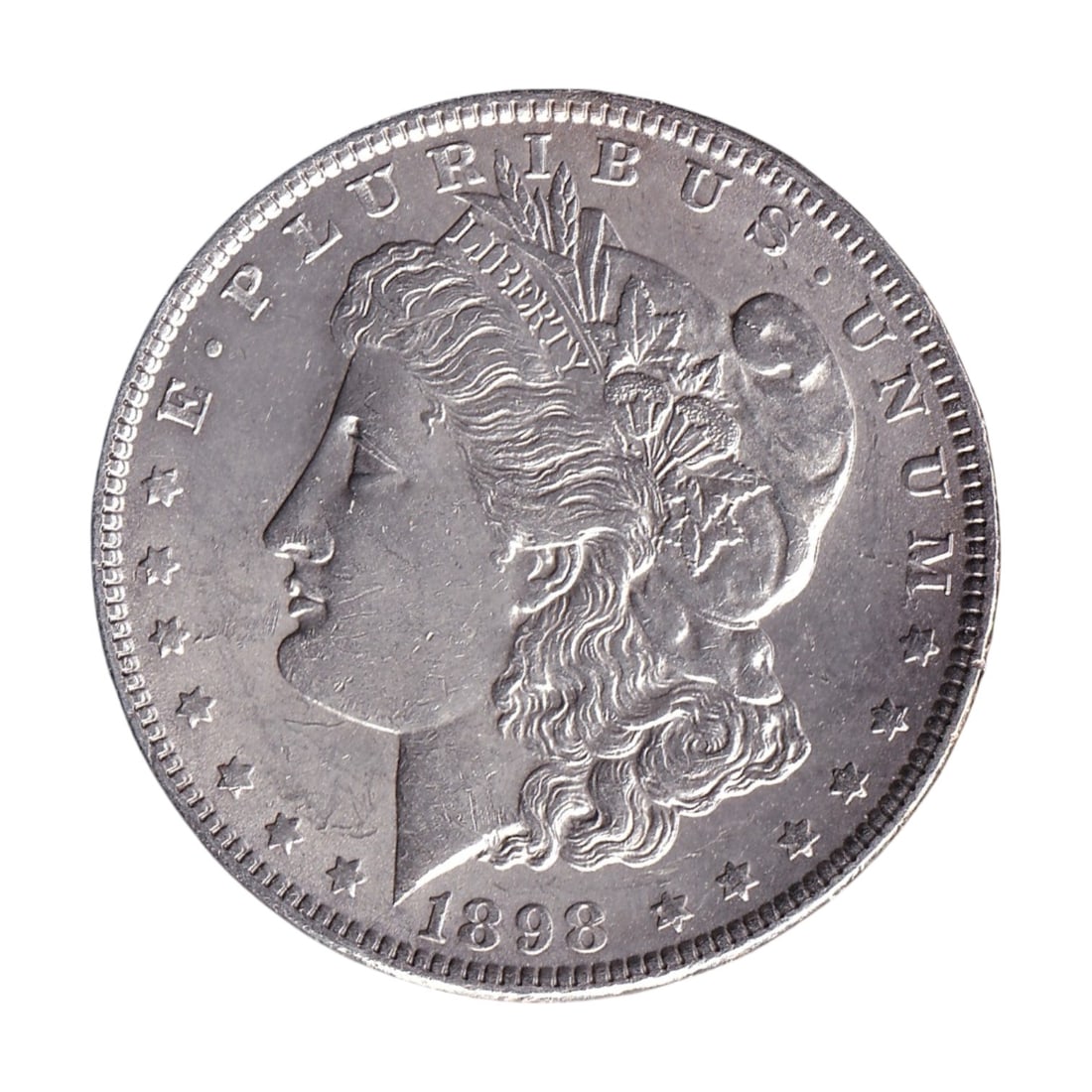 1898 USA Philadelphia $1 Morgan Silver Dollar KM 110: Issued in 1898, this original United States $1 Morgan Silver Dollar was struck at the historic Philadelphia Mint and is catalogued as KM 110 and Colnect US-000087. The 1898 Philadelphia Morgan Dollar 