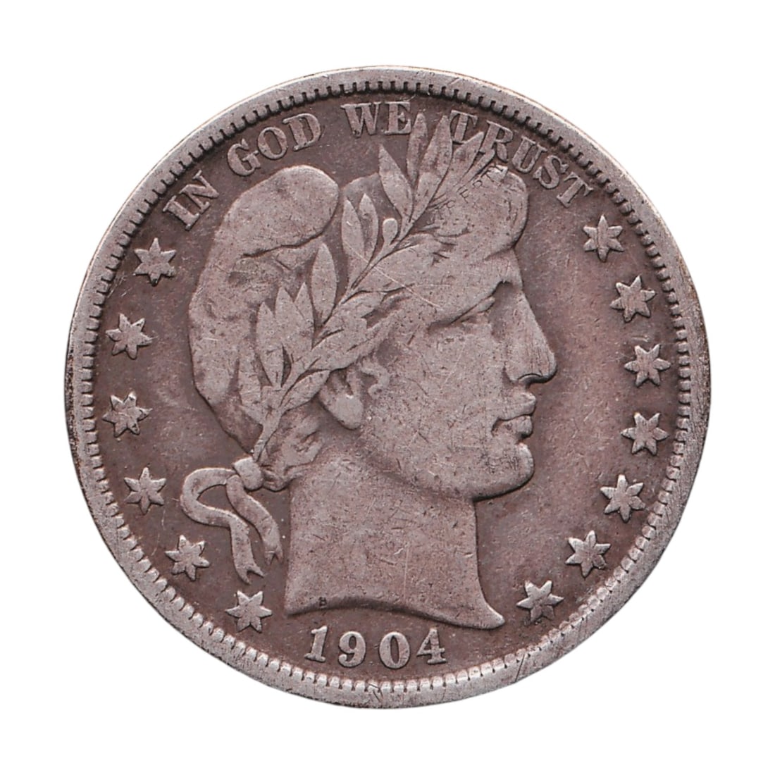 1904 USA Barber Half Dollar Silver KM 116 US-000074: Issued in 1904, this original United States 50 Cents Barber Half Dollar is a classic silver half dollar, catalogued as KM 116 and Colnect US-000074. The 1904 issue had a mintage of 2,992,670 pieces, m