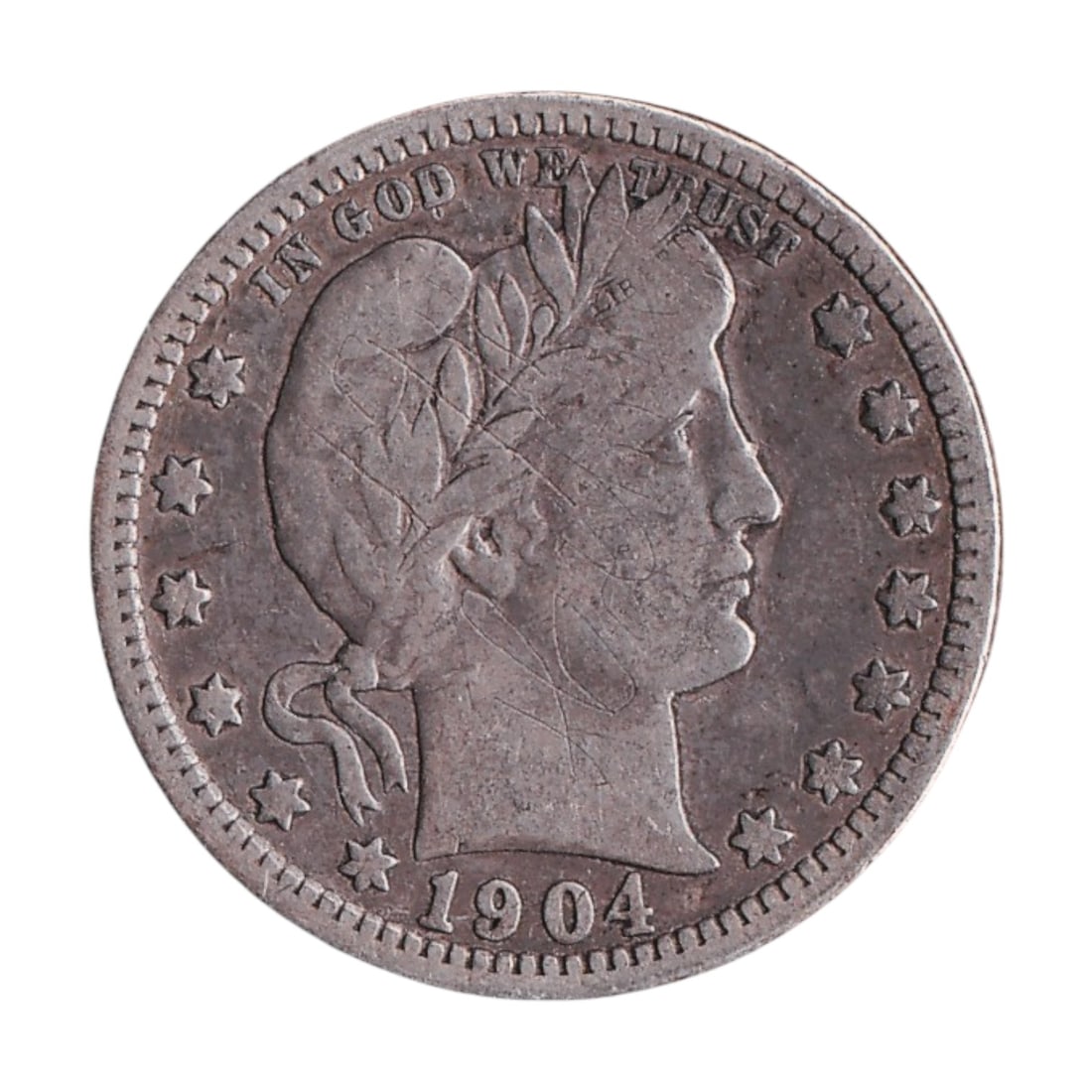 1904 USA Barber Quarter Silver coin KM 114 US-000061: Issued in 1904, this original United States 25 Cents Barber Quarter is a classic silver quarter dollar, catalogued as KM 114 and Colnect US-000061. The 1904 issue had a mintage of 9,670,064 pieces, ma