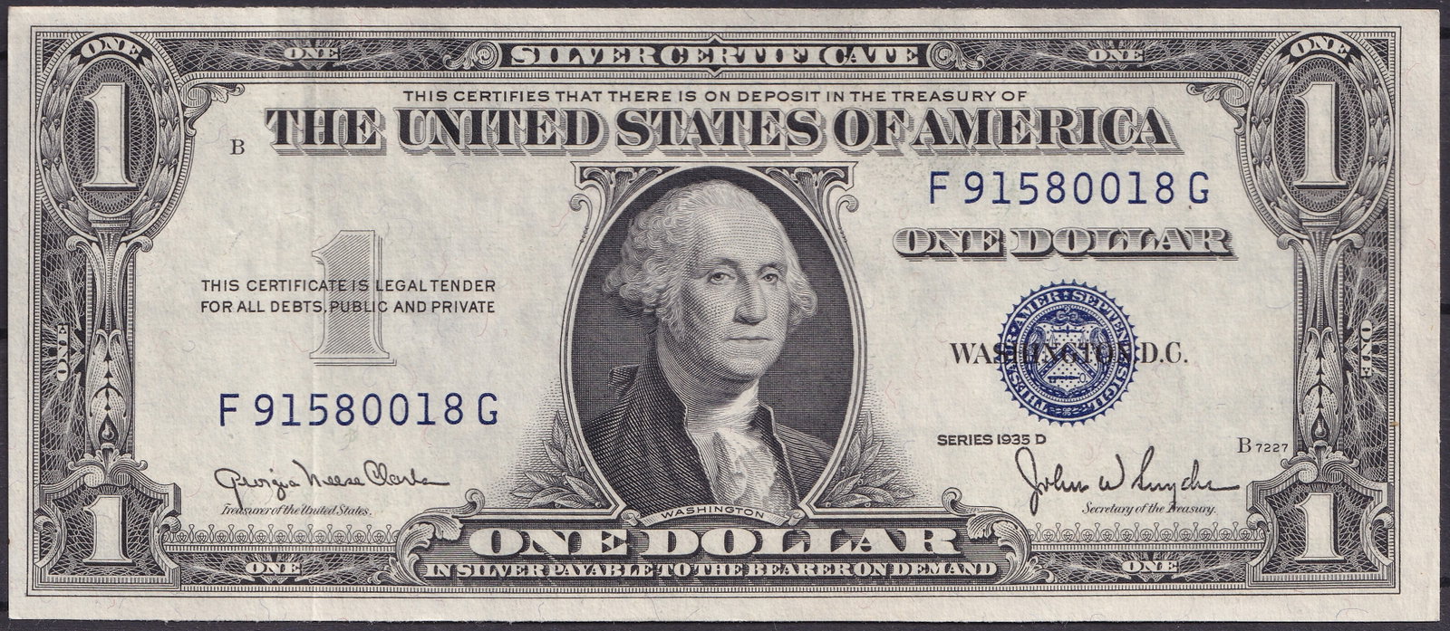 USA 1935-D Silver Certificate 1 Blue Seal, Series Washington (F91580018G): Issued in Washington, D.C. as part of the United States 1935-D Silver Certificate series, this 1 note bearing serial number F91580018G represents one of the most iconic and enduring designs in America