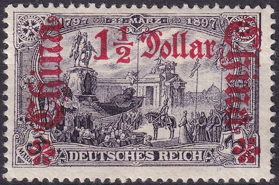 China 1913 German Post Offices China 1½ Dollar Michel 46IAb MNH: A mint never hinged example of the 1913 high-value issue for the German Post Offices in China, catalogued Michel DR-CHI 46IAb and Stanley Gibbons DR-CHI 54a. Denomination 1½ Chinese Dollar, pri