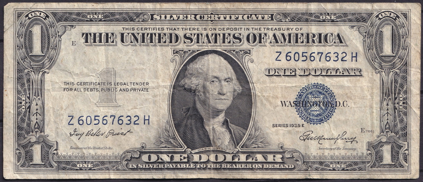 United States 1935E 1 Silver Certificate – Priest / Humphrey: Issued during the early 1950s, this 1 Silver Certificate from the Series of 1935E represents one of the most iconic forms of U.S. paper money. Bearing the blue Treasury seal and serial number Z6056763