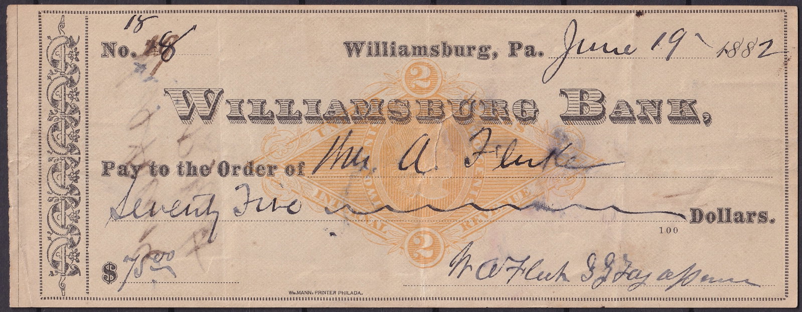 United States 1882 Williamsburg Bank, Blair County Check RN-G1 Orange Revenue Imprint: A fine example of late 19th-century fiscal stationery from Williamsburg Bank, Blair County, Pennsylvania, dated June 19, 1882, and printed with the characteristic orange two-cent revenue imprint (RN-G