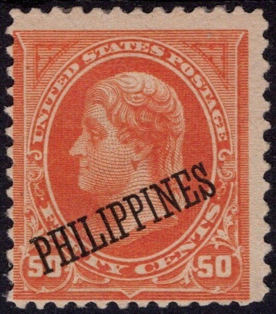 1899 Philippines 50c Orange Scott 217 Michel 217a US Overprint MNH: Issued on 30 August 1899, this original 50 Centavos stamp from the Philippines is one of the classic provisional issues produced during the early American administration of the islands. Catalogued as 