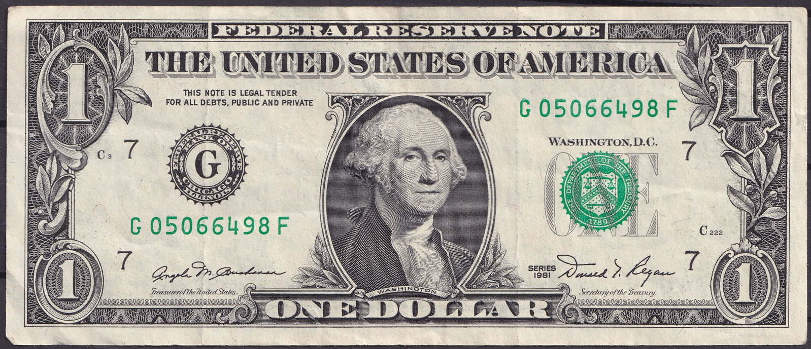 USA 1981 1 Federal Reserve Note – Series G05066498F: This is a 1981 Federal Reserve Note of the United States, with a face value of one dollar, issued under the authority of the U.S. Department of the Treasury. The note features the iconic portrait of G