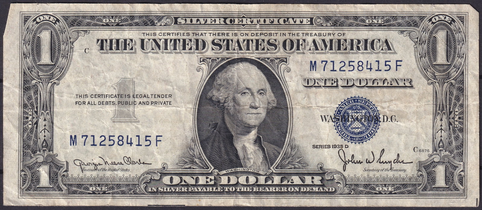 1935D United States Silver Certificate One Dollar Serial M71258415F (1 of 2)