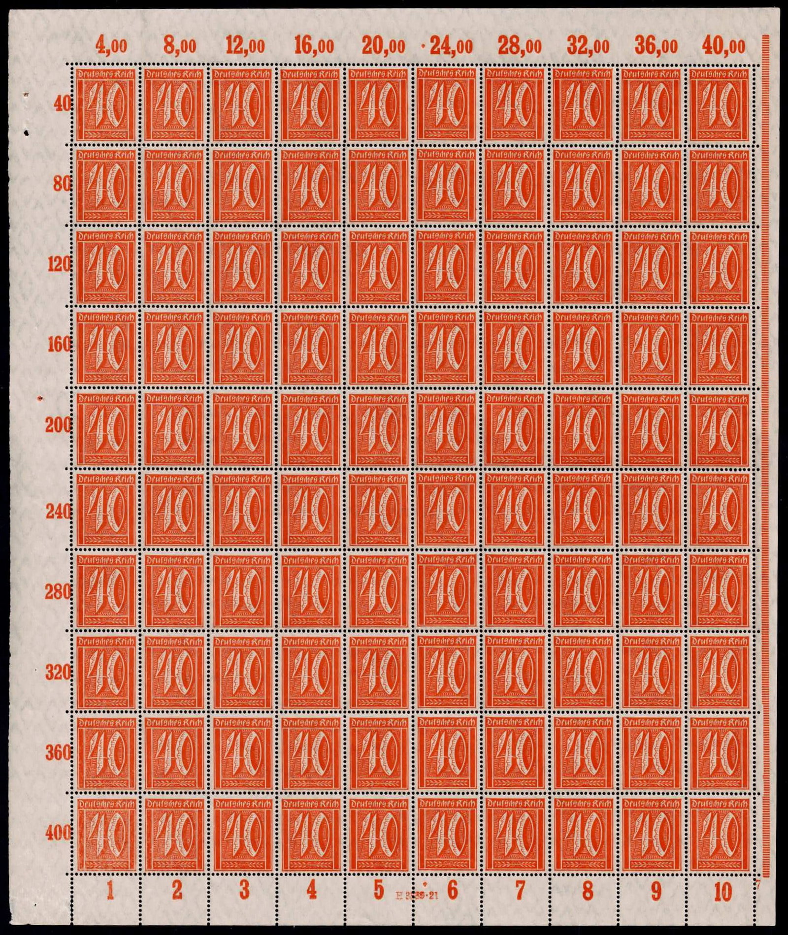 Post War German Reich 1922 Numeral 40 Pfennig Michel DR 182 Full Sheet: This complete full sheet of the 40 Pfennig numeral issue was released in January 1922 by the German Reich as part of the Definitives series featuring numerals workers and posthorn designs. Catalogued 