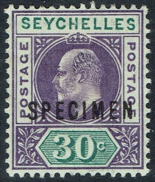1906 Seychelles 30c Scott 58 King Edward VII SPECIMEN: Issued in 1906, this attractive 30 Cents definitive from the British colony of Seychelles features the portrait of King Edward VII and bears the scarce SPECIMEN overprint applied for distribution to p