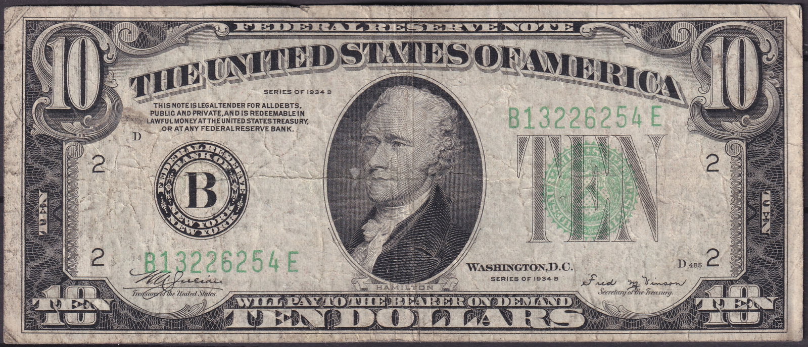 USA 1934-B $10 Federal Reserve Note – New York – Fr. 2007-B – Serial B13226254E – Hamilton: Issued as part of the Series of 1934-B, this historic $10 Federal Reserve Note was issued through the Federal Reserve Bank of New York, District B (2) and features the engraved portrait of Alexander H