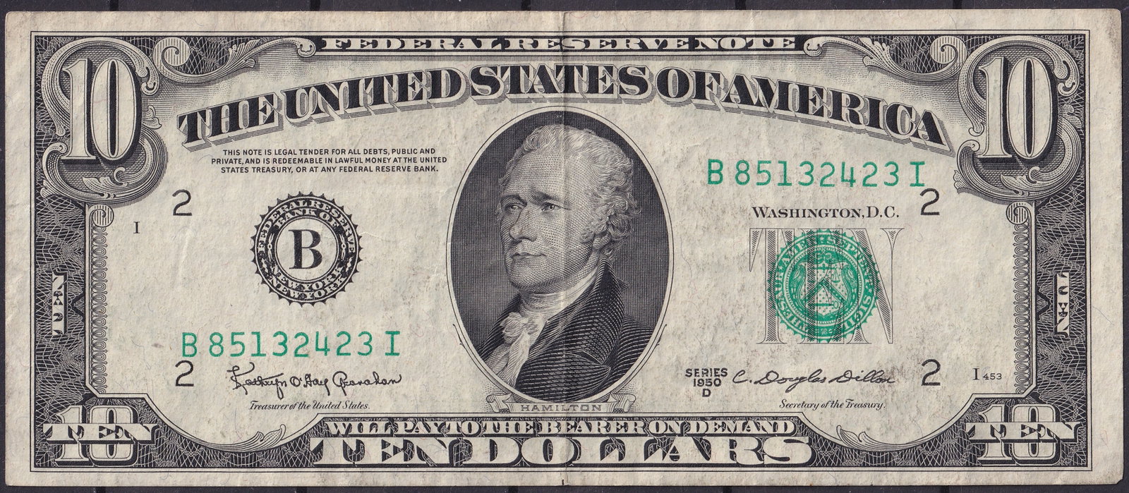 USA 1950-D $10 Federal Reserve Note – New York – Fr. 2013-B – Serial B85132423I – Alexander (1 of 2)