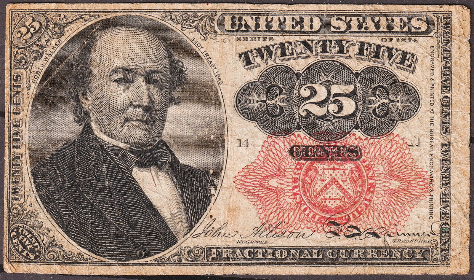 United States 1874 25 Cents Fractional Currency Robert J. Walker Fr. 1308 (1 of 2)