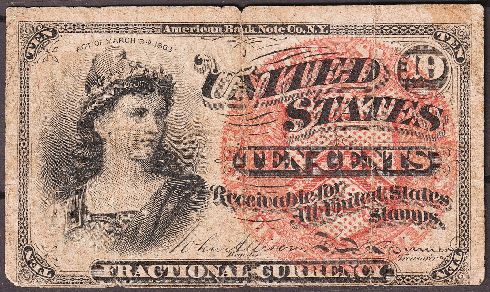 United States 1869-1875 10c Fractional Currency Liberty Fr.1257-1258 No Serial Number (1 of 2)