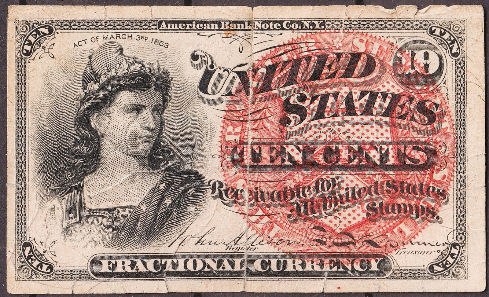 United States 1869-1875 10c Fractional Currency Liberty Fr.1257-1261 Tape Repair: Issued as part of the Fourth Issue of United States Fractional Currency, this historic 10 Cents note dates from the 1869-1875 period and features the engraved bust of Liberty at left with a large red 