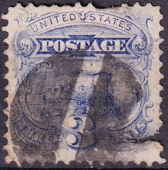 USA 1869 3c Locomotive Dark Ultramarine G Grill Scott 114: Issued on March 27, 1869 as part of the celebrated United States National Bank Note Company pictorial series, this 3-cent stamp features the iconic American steam locomotive design, one of the most re