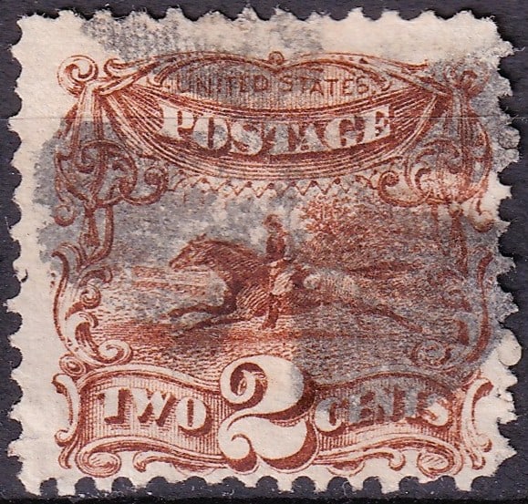 USA 1869 2c Post Horse & Rider Brown G Grill Scott 113 Used: Issued on March 27, 1869 as part of the celebrated United States National Bank Note Company pictorial series, this 2-cent brown stamp depicts a mounted postal rider carrying the mail, an evocative sym