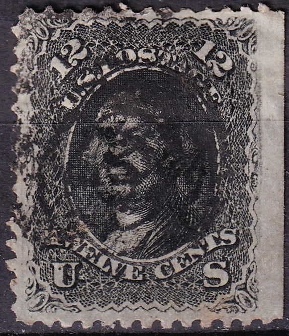 USA 1861 12c George Washington Black National Bank Note Co. Scott 69: Issued on August 30, 1861 as part of the first National Bank Note Company series of the United States, this 12-cent black stamp features an engraved portrait of George Washington, the first President 