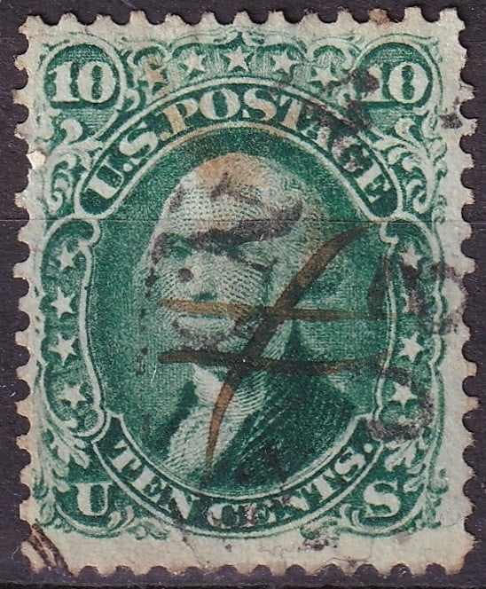 USA 1861 10c George Washington Dark Green Scott 68a Used: Issued on August 20, 1861 as part of the United States National Bank Note Company definitive series, this 10-cent dark green stamp features an engraved portrait of George Washington, the first Preside