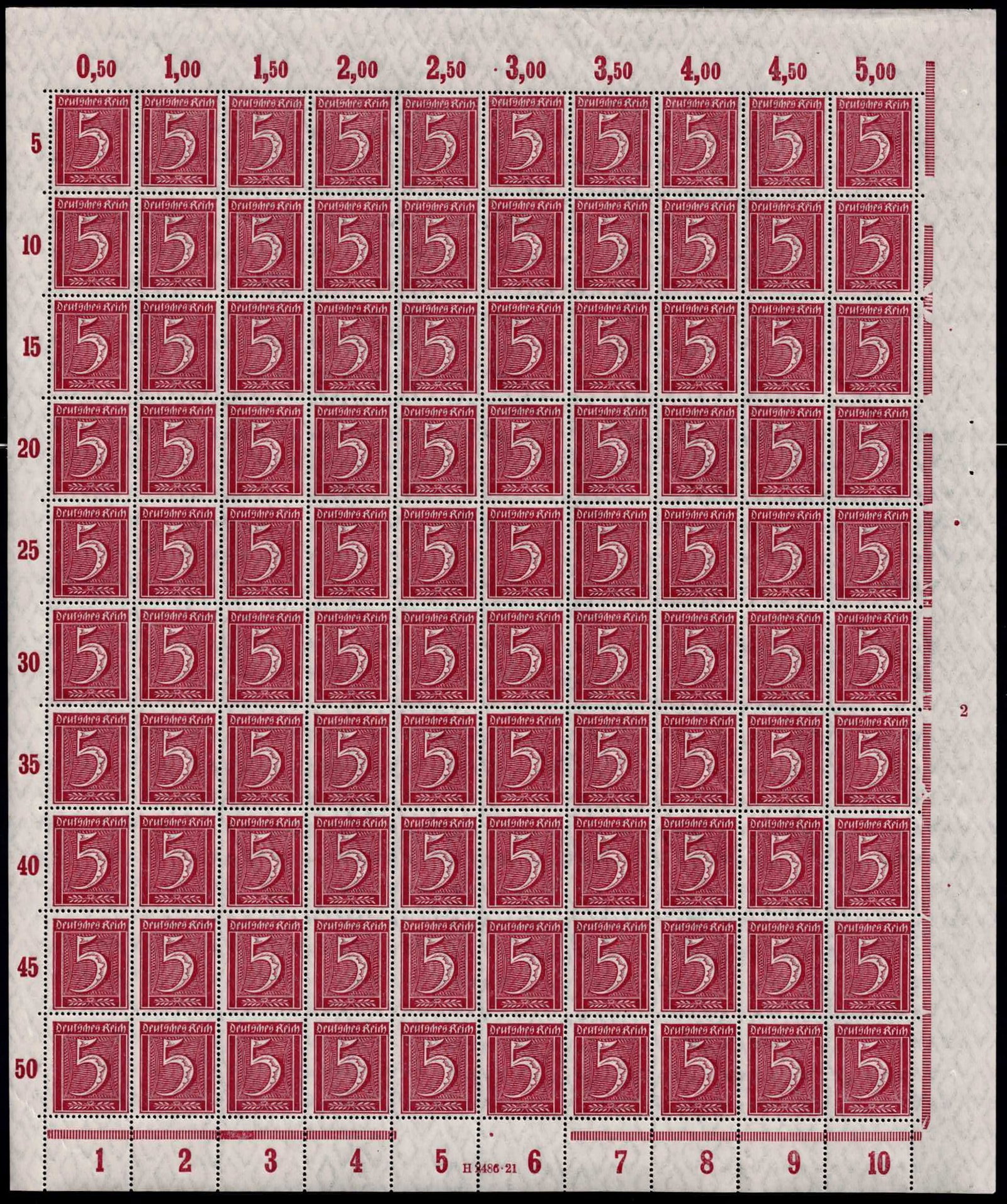 Post War 1922 German Reich 5 Pfennig Definitives Scott DE 161 Michel DR 177: This complete mint never hinged full sheet of the 5 Pfennig value was issued in May 1922 as part of the definitive Numerals Workers and Posthorn series of the German Reich, representing everyday